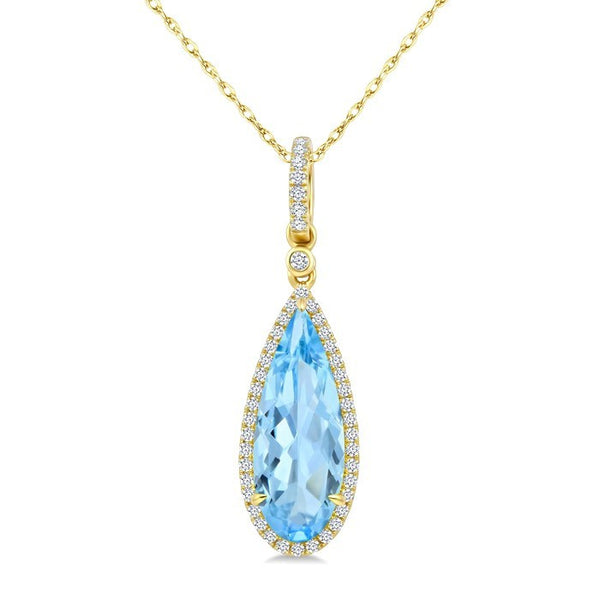 16X6 MM Evoque Gemstones Pear Shape Blue Topaz and 1/5 Ctw Round Cut Diamond Semi-Precious Pendant With Chain in 10K Yellow Gold