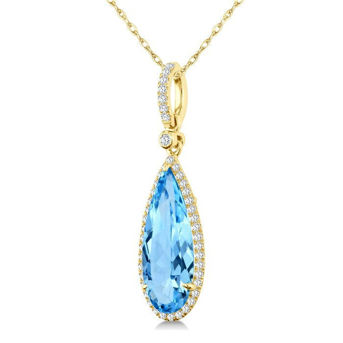 16X6 MM Evoque Gemstones Pear Shape Blue Topaz and 1/5 Ctw Round Cut Diamond Semi-Precious Pendant With Chain in 10K Yellow Gold