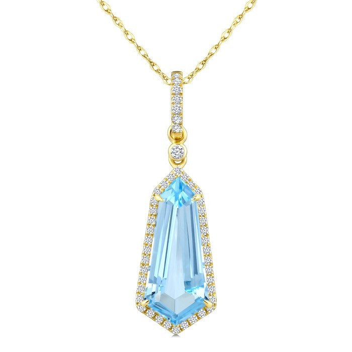 16X7 MM Evoque Gemstones Shield Shape Blue Topaz and 1/5 Ctw Round Cut Diamond Semi-Precious Pendant With Chain in 10K Yellow Gold