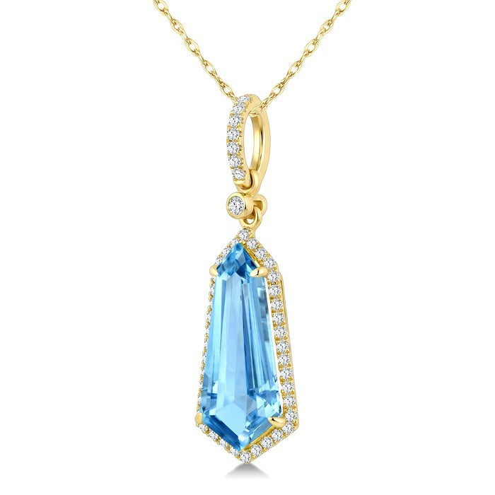 16X7 MM Evoque Gemstones Shield Shape Blue Topaz and 1/5 Ctw Round Cut Diamond Semi-Precious Pendant With Chain in 10K Yellow Gold
