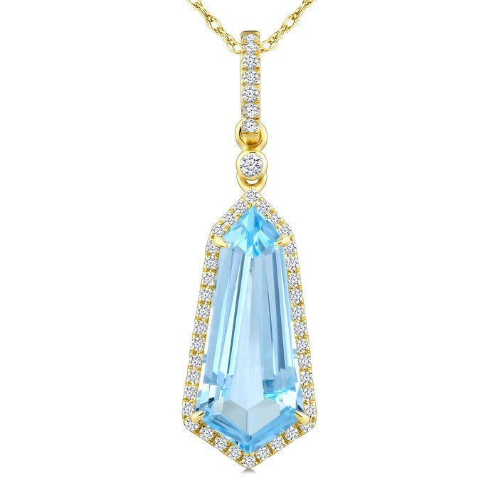16X7 MM Evoque Gemstones Shield Shape Blue Topaz and 1/5 Ctw Round Cut Diamond Semi-Precious Pendant With Chain in 10K Yellow Gold
