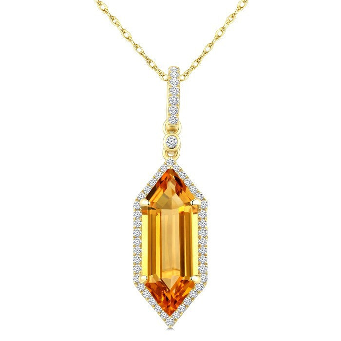16X6 MM Evoque Gemstone Hexagon Shape Citrine and 1/5 Ctw Round Cut Diamond Semi-Precious Pendant With Chain in 10K Yellow Gold