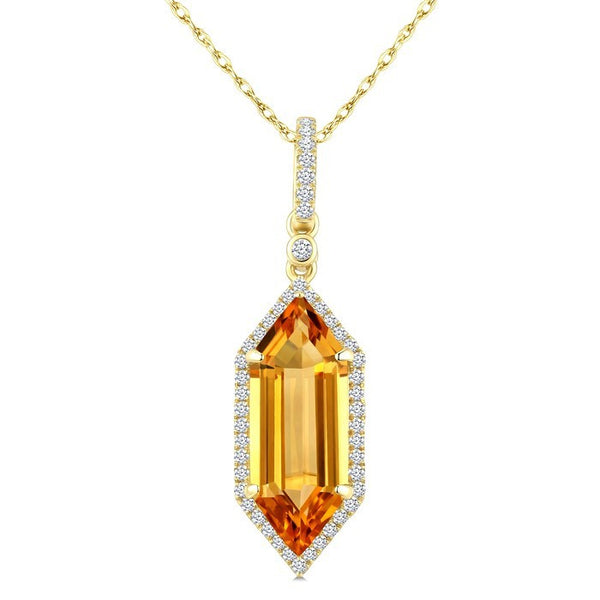 16X6 MM Evoque Gemstone Hexagon Shape Citrine and 1/5 Ctw Round Cut Diamond Semi-Precious Pendant With Chain in 10K Yellow Gold