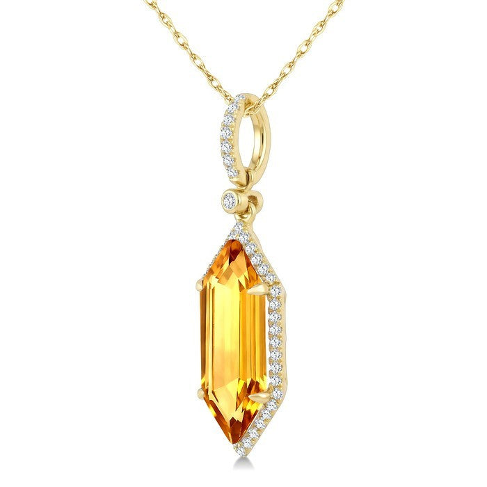 16X6 MM Evoque Gemstone Hexagon Shape Citrine and 1/5 Ctw Round Cut Diamond Semi-Precious Pendant With Chain in 10K Yellow Gold