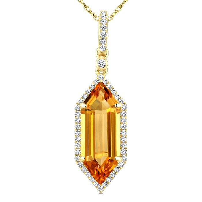 16X6 MM Evoque Gemstone Hexagon Shape Citrine and 1/5 Ctw Round Cut Diamond Semi-Precious Pendant With Chain in 10K Yellow Gold