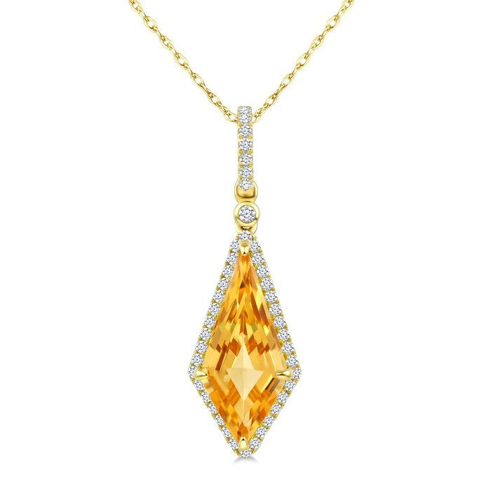16X7 MM Evoque Gemstone Kite Shape Citrine and 1/5 Ctw Round Cut Diamond Semi-Precious Pendant With Chain in 10K Yellow Gold