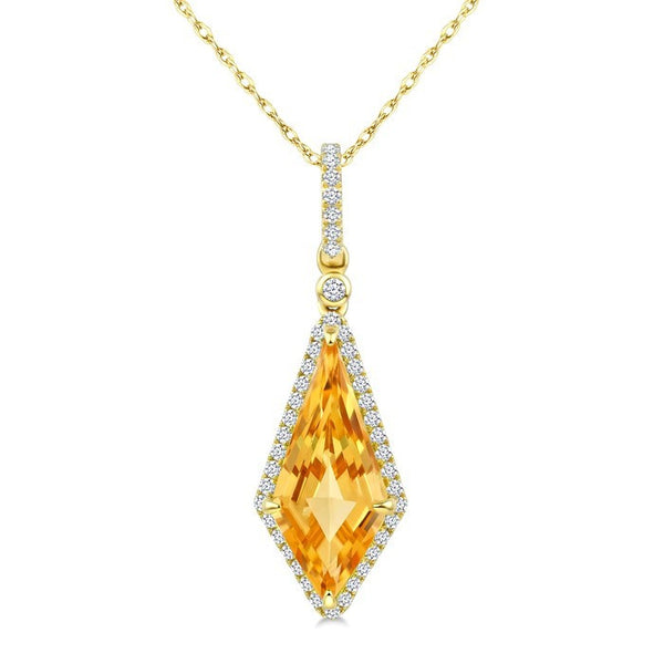 16X7 MM Evoque Gemstone Kite Shape Citrine and 1/5 Ctw Round Cut Diamond Semi-Precious Pendant With Chain in 10K Yellow Gold