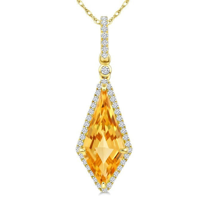 16X7 MM Evoque Gemstone Kite Shape Citrine and 1/5 Ctw Round Cut Diamond Semi-Precious Pendant With Chain in 10K Yellow Gold