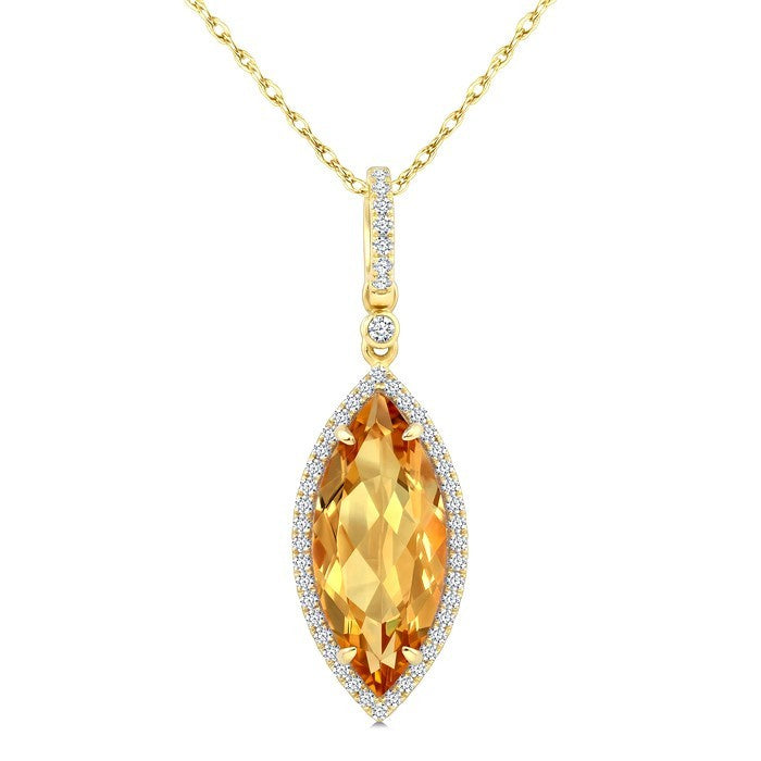 16X7 MM Evoque Gemstone Marquise Shape Citrine and 1/5 Ctw Round Cut Diamond Semi-Precious Pendant With Chain in 10K Yellow Gold