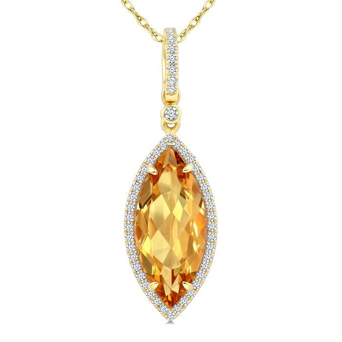 16X7 MM Evoque Gemstone Marquise Shape Citrine and 1/5 Ctw Round Cut Diamond Semi-Precious Pendant With Chain in 10K Yellow Gold