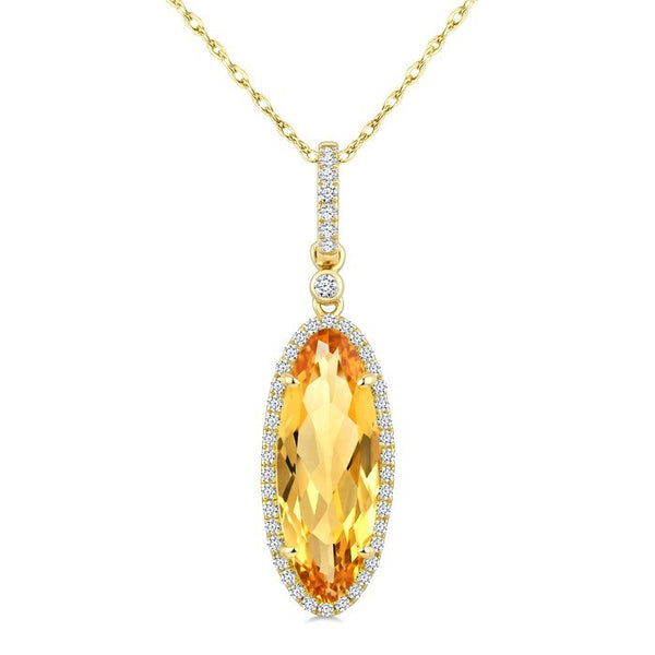 16X6 MM Evoque Gemstone Oval Shape Citrine and 1/5 Ctw Round Cut Diamond Semi-Precious Pendant With Chain in 10K Yellow Gold