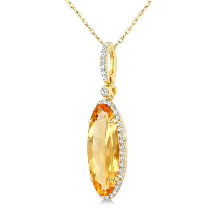 16X6 MM Evoque Gemstone Oval Shape Citrine and 1/5 Ctw Round Cut Diamond Semi-Precious Pendant With Chain in 10K Yellow Gold