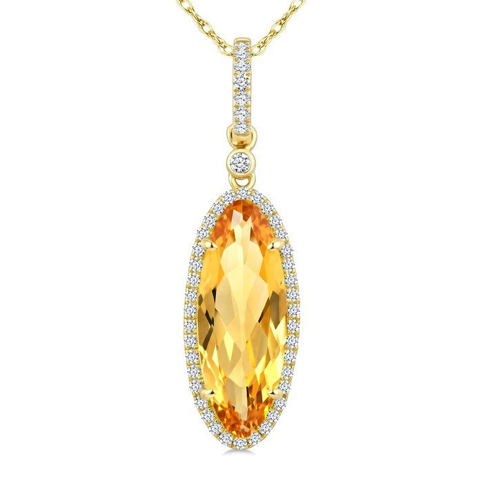16X6 MM Evoque Gemstone Oval Shape Citrine and 1/5 Ctw Round Cut Diamond Semi-Precious Pendant With Chain in 10K Yellow Gold