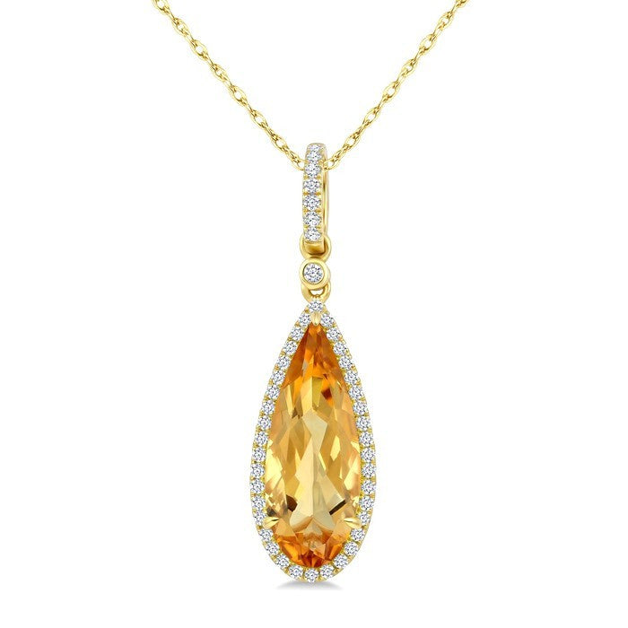 16X6 MM Evoque Gemstone Pear Shape Citrine and 1/5 Ctw Round Cut Diamond Semi-Precious Pendant With Chain in 10K Yellow Gold
