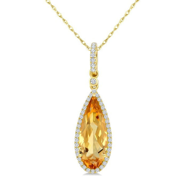 16X6 MM Evoque Gemstone Pear Shape Citrine and 1/5 Ctw Round Cut Diamond Semi-Precious Pendant With Chain in 10K Yellow Gold