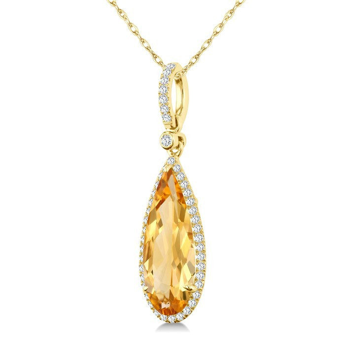 16X6 MM Evoque Gemstone Pear Shape Citrine and 1/5 Ctw Round Cut Diamond Semi-Precious Pendant With Chain in 10K Yellow Gold