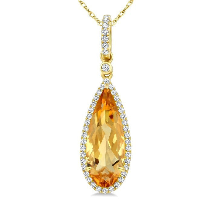 16X6 MM Evoque Gemstone Pear Shape Citrine and 1/5 Ctw Round Cut Diamond Semi-Precious Pendant With Chain in 10K Yellow Gold