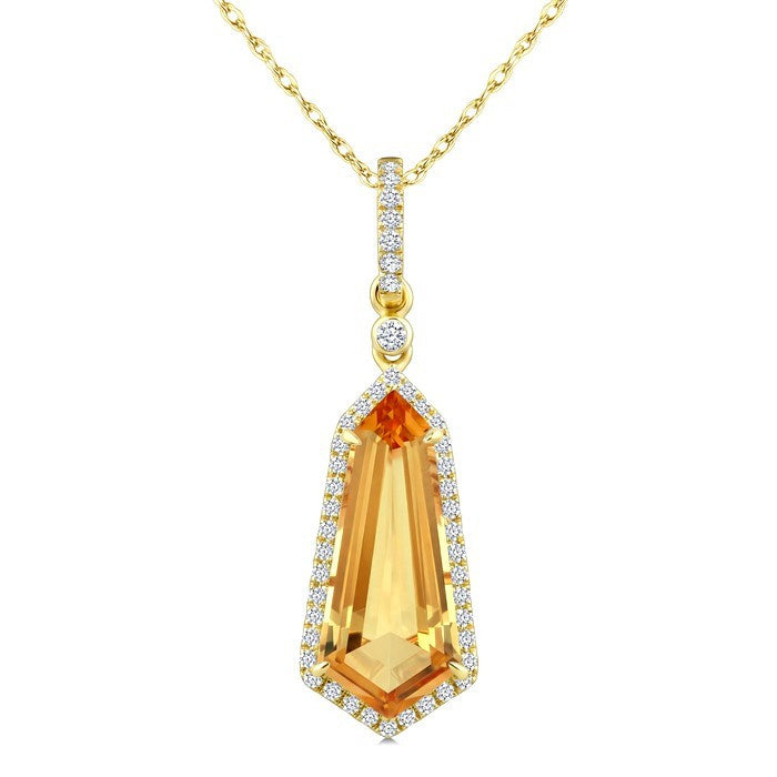 16X7 MM Evoque Gemstone Shield Shape Citrine and 1/5 Ctw Round Cut Diamond Semi-Precious Pendant With Chain in 10K Yellow Gold