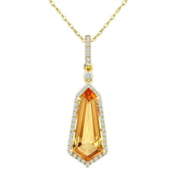 16X7 MM Evoque Gemstone Shield Shape Citrine and 1/5 Ctw Round Cut Diamond Semi-Precious Pendant With Chain in 10K Yellow Gold