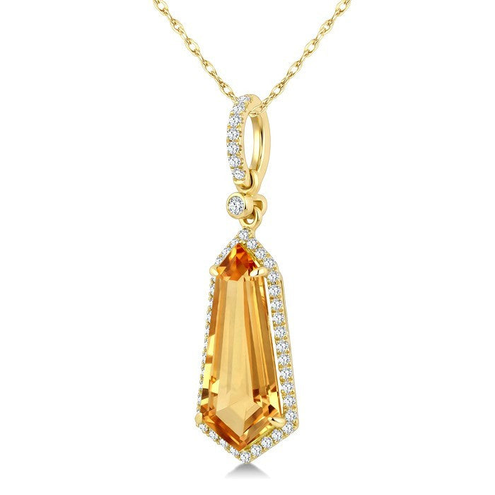 16X7 MM Evoque Gemstone Shield Shape Citrine and 1/5 Ctw Round Cut Diamond Semi-Precious Pendant With Chain in 10K Yellow Gold