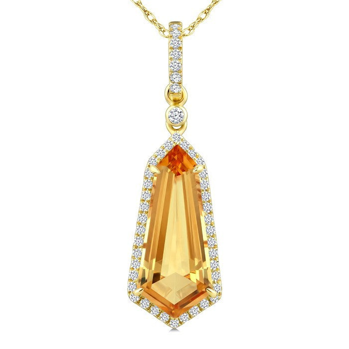 16X7 MM Evoque Gemstone Shield Shape Citrine and 1/5 Ctw Round Cut Diamond Semi-Precious Pendant With Chain in 10K Yellow Gold