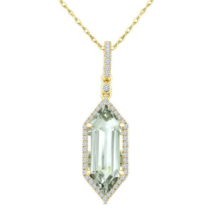 16X6 MM Evoque Gemstone Hexagon Shape Green Amethyst and 1/5 Ctw Round Cut Diamond Semi-Precious Pendant With Chain in 10K Yellow Gold