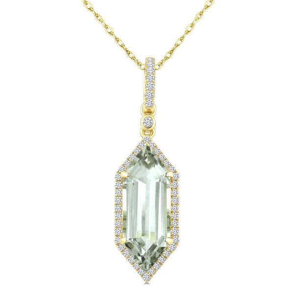 16X6 MM Evoque Gemstone Hexagon Shape Green Amethyst and 1/5 Ctw Round Cut Diamond Semi-Precious Pendant With Chain in 10K Yellow Gold