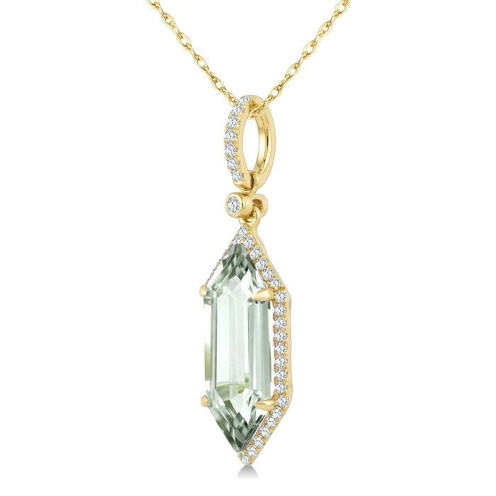 16X6 MM Evoque Gemstone Hexagon Shape Green Amethyst and 1/5 Ctw Round Cut Diamond Semi-Precious Pendant With Chain in 10K Yellow Gold