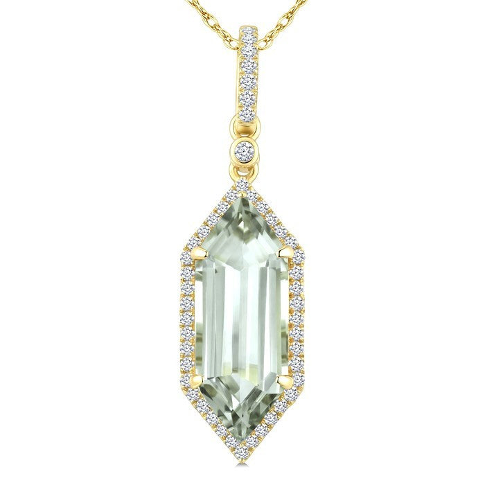 16X6 MM Evoque Gemstone Hexagon Shape Green Amethyst and 1/5 Ctw Round Cut Diamond Semi-Precious Pendant With Chain in 10K Yellow Gold