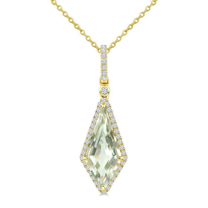 16X7 MM Evoque Gemstone Kite Shape Green Amethyst and 1/5 Ctw Round Cut Diamond Semi-Precious Pendant With Chain in 10K Yellow Gold