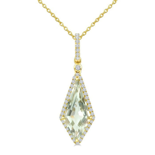 16X7 MM Evoque Gemstone Kite Shape Green Amethyst and 1/5 Ctw Round Cut Diamond Semi-Precious Pendant With Chain in 10K Yellow Gold