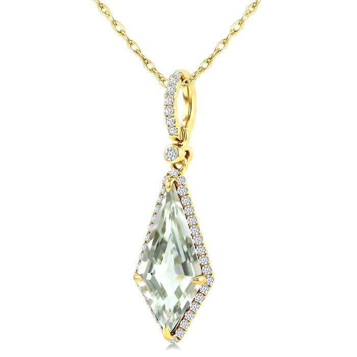 16X7 MM Evoque Gemstone Kite Shape Green Amethyst and 1/5 Ctw Round Cut Diamond Semi-Precious Pendant With Chain in 10K Yellow Gold
