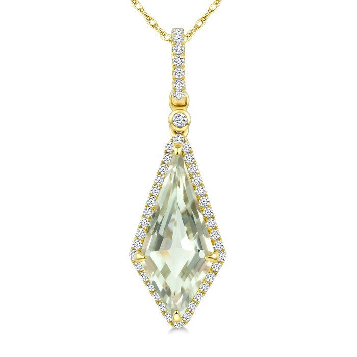 16X7 MM Evoque Gemstone Kite Shape Green Amethyst and 1/5 Ctw Round Cut Diamond Semi-Precious Pendant With Chain in 10K Yellow Gold