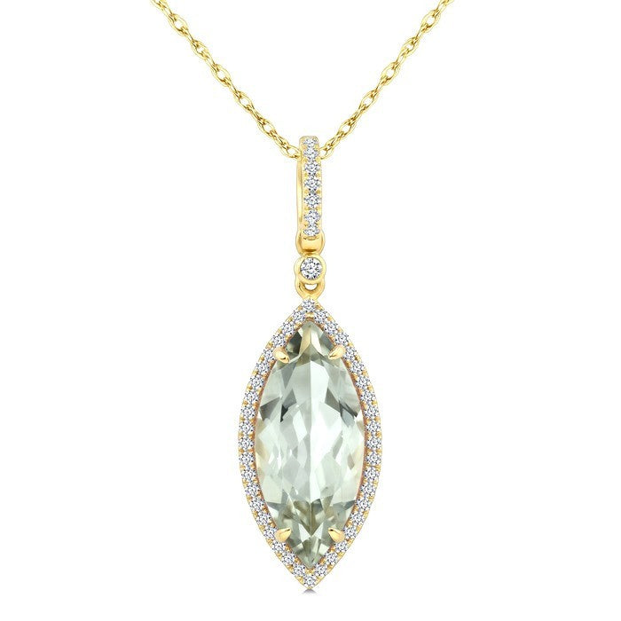 16X7 MM Evoque Gemstone Marquise Shape Green Amethyst and 1/5 Ctw Round Cut Diamond Semi-Precious Pendant With Chain in 10K Yellow Gold