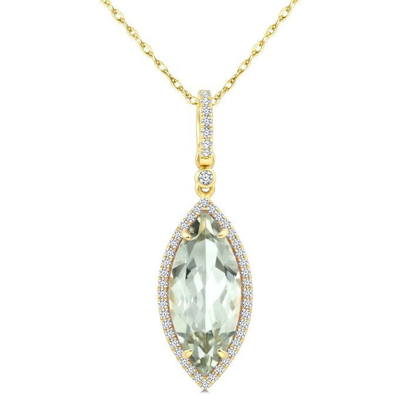 16X7 MM Evoque Gemstone Marquise Shape Green Amethyst and 1/5 Ctw Round Cut Diamond Semi-Precious Pendant With Chain in 10K Yellow Gold