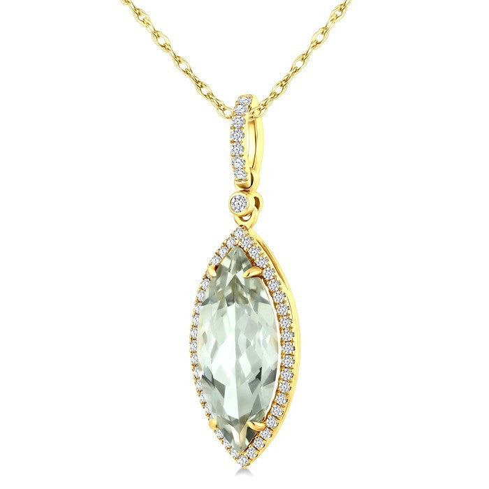 16X7 MM Evoque Gemstone Marquise Shape Green Amethyst and 1/5 Ctw Round Cut Diamond Semi-Precious Pendant With Chain in 10K Yellow Gold