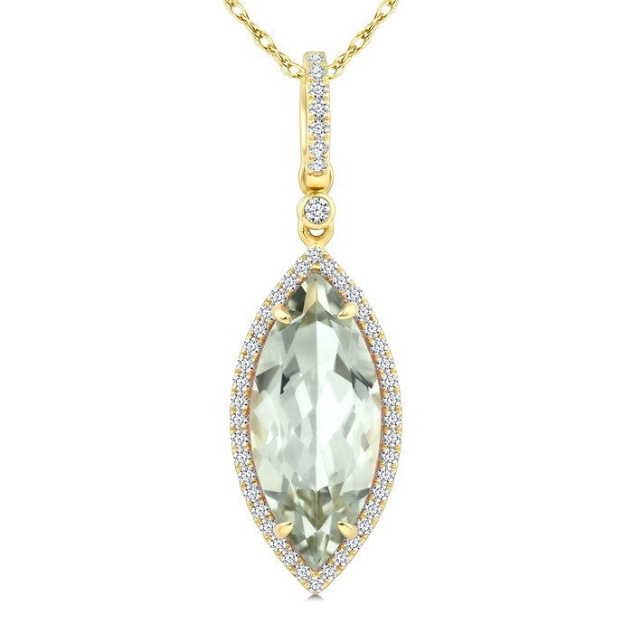 16X7 MM Evoque Gemstone Marquise Shape Green Amethyst and 1/5 Ctw Round Cut Diamond Semi-Precious Pendant With Chain in 10K Yellow Gold