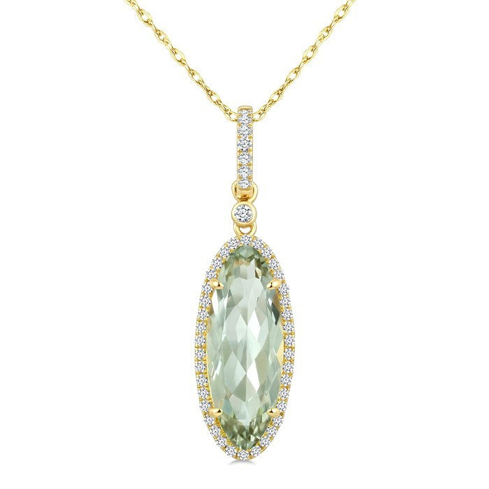16X6 MM Evoque Gemstone Oval Shape Green Amethyst and 1/5 Ctw Round Cut Diamond Semi-Precious Pendant With Chain in 10K Yellow Gold