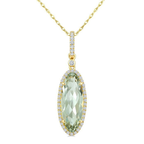 16X6 MM Evoque Gemstone Oval Shape Green Amethyst and 1/5 Ctw Round Cut Diamond Semi-Precious Pendant With Chain in 10K Yellow Gold