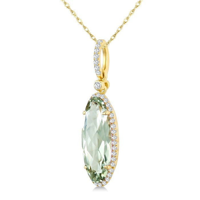 16X6 MM Evoque Gemstone Oval Shape Green Amethyst and 1/5 Ctw Round Cut Diamond Semi-Precious Pendant With Chain in 10K Yellow Gold