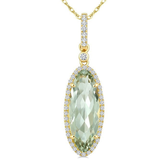 16X6 MM Evoque Gemstone Oval Shape Green Amethyst and 1/5 Ctw Round Cut Diamond Semi-Precious Pendant With Chain in 10K Yellow Gold