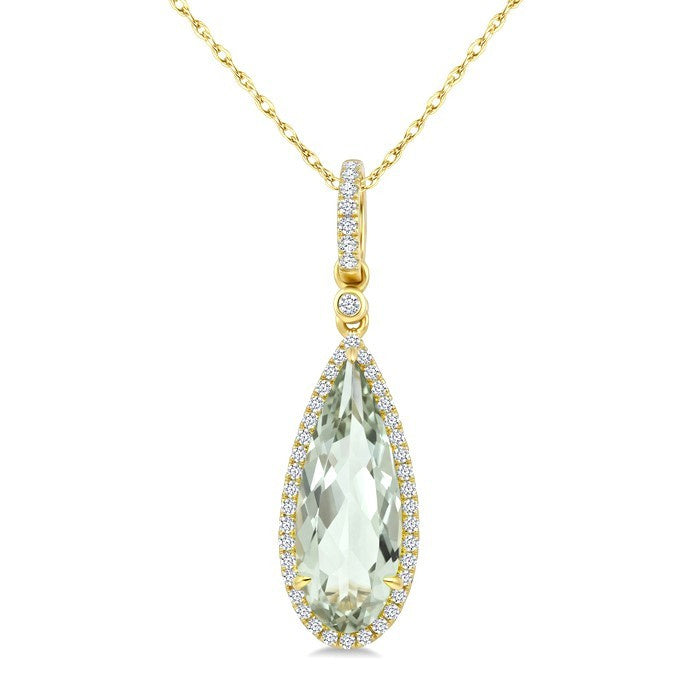 16X6 MM Evoque Gemstone Pear Shape Green Amethyst and 1/5 Ctw Round Cut Diamond Semi-Precious Pendant With Chain in 10K Yellow Gold
