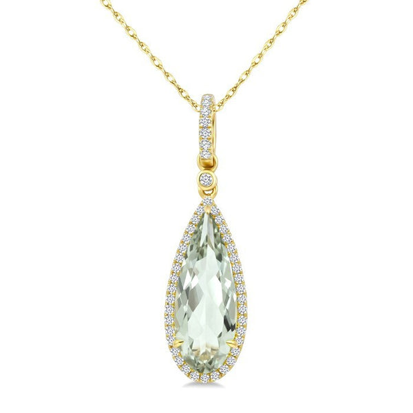16X6 MM Evoque Gemstone Pear Shape Green Amethyst and 1/5 Ctw Round Cut Diamond Semi-Precious Pendant With Chain in 10K Yellow Gold