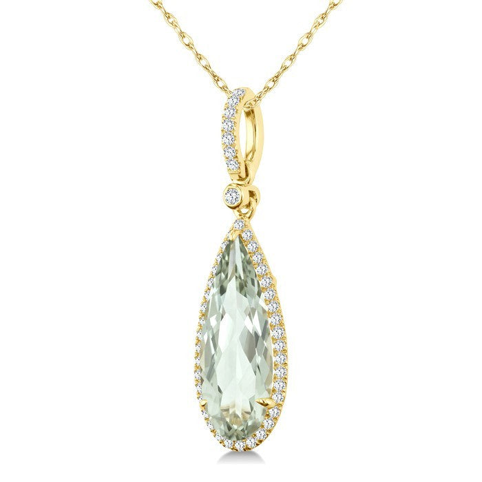 16X6 MM Evoque Gemstone Pear Shape Green Amethyst and 1/5 Ctw Round Cut Diamond Semi-Precious Pendant With Chain in 10K Yellow Gold