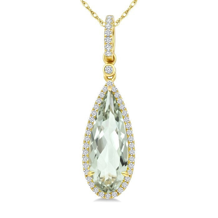 16X6 MM Evoque Gemstone Pear Shape Green Amethyst and 1/5 Ctw Round Cut Diamond Semi-Precious Pendant With Chain in 10K Yellow Gold