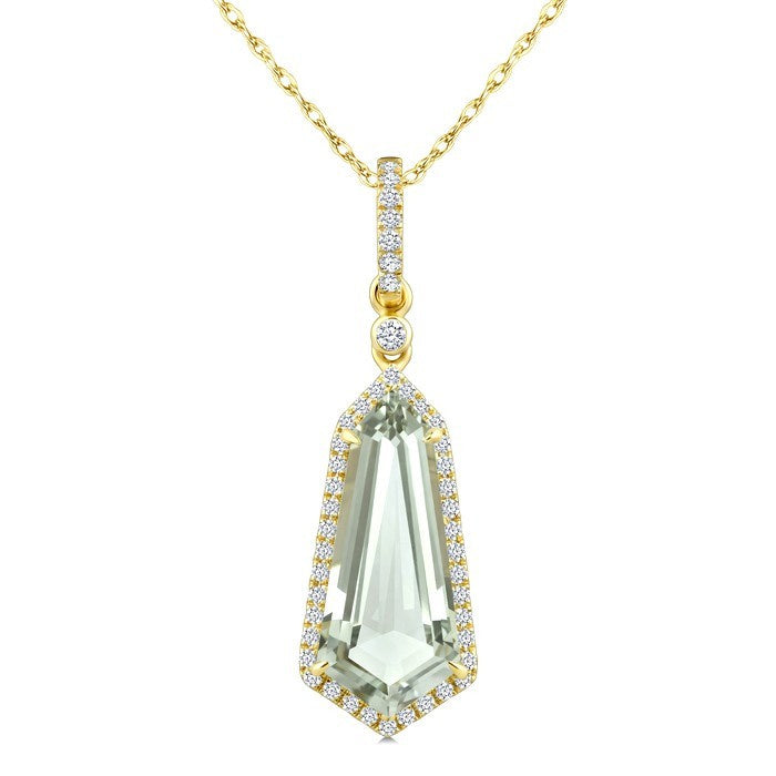 16X7 MM Evoque Gemstone Shield Shape Green Amethyst and 1/5 Ctw Round Cut Diamond Semi-Precious Pendant With Chain in 10K Yellow Gold