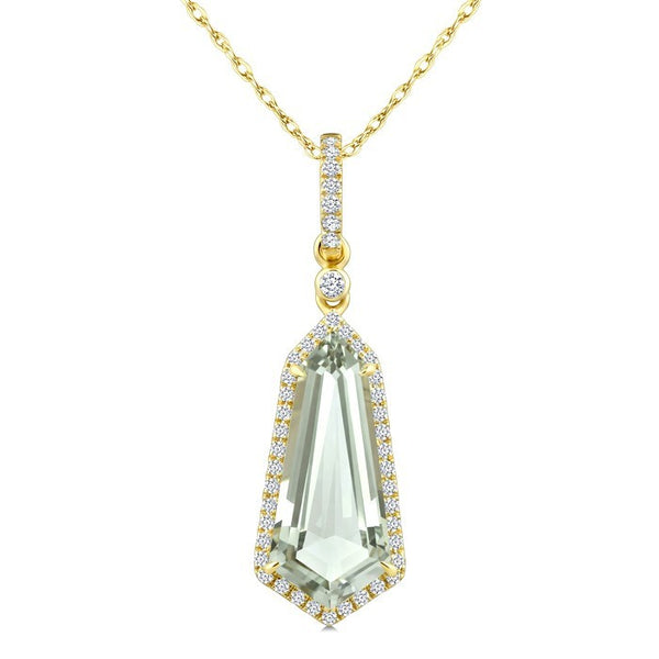 16X7 MM Evoque Gemstone Shield Shape Green Amethyst and 1/5 Ctw Round Cut Diamond Semi-Precious Pendant With Chain in 10K Yellow Gold