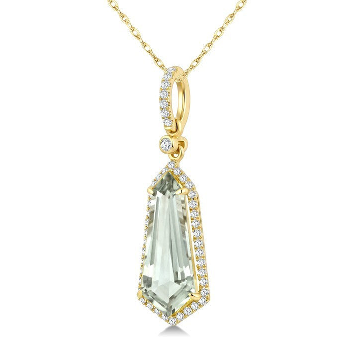 16X7 MM Evoque Gemstone Shield Shape Green Amethyst and 1/5 Ctw Round Cut Diamond Semi-Precious Pendant With Chain in 10K Yellow Gold
