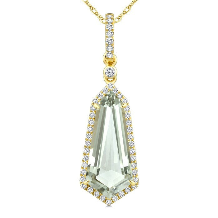 16X7 MM Evoque Gemstone Shield Shape Green Amethyst and 1/5 Ctw Round Cut Diamond Semi-Precious Pendant With Chain in 10K Yellow Gold