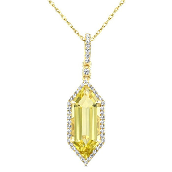 16X6 MM Evoque Gemstones Hexagon Shape Lemon Quartz and 1/5 Ctw Round Cut Diamond Semi-Precious Pendant With Chain in 10K Yellow Gold